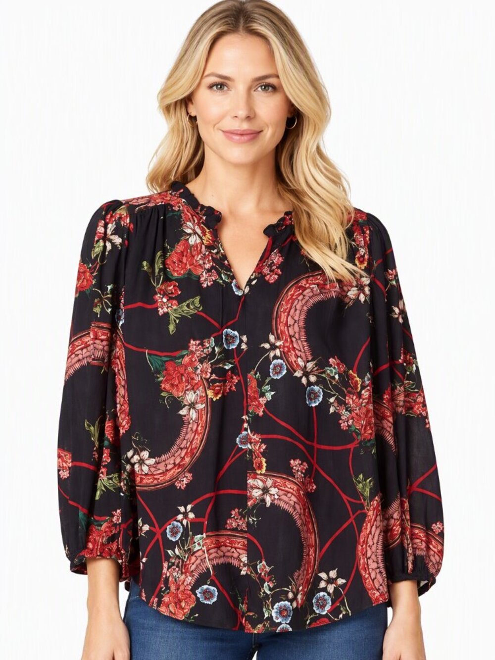 Cupio Black Red Floral Blouse Medium Long Sleeve Ruffle Sleeve